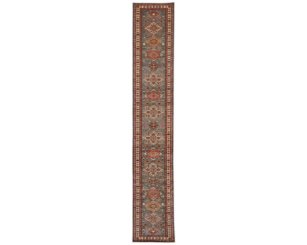 19 Feet Green Kazak Afghan Hand Knotted Wool Runner Rug